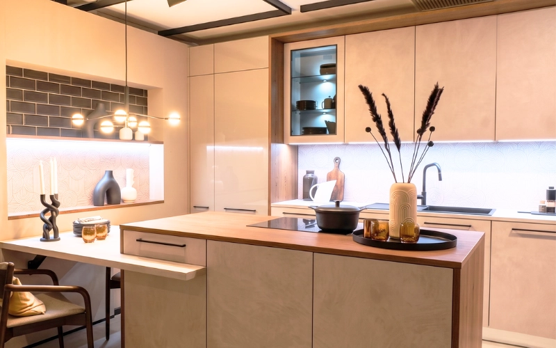 Cuisine moderne beige et bois avec un îlot central équipé d'une plaque de cuisson, un éclairage chaleureux sous les meubles et un vase avec des herbes de la pampa.