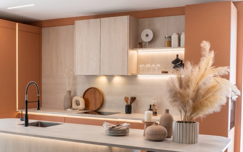Cuisine contemporaine associant des placards en bois clair et des murs couleur terracotta, avec un îlot central blanc et de la décoration bohème chic.