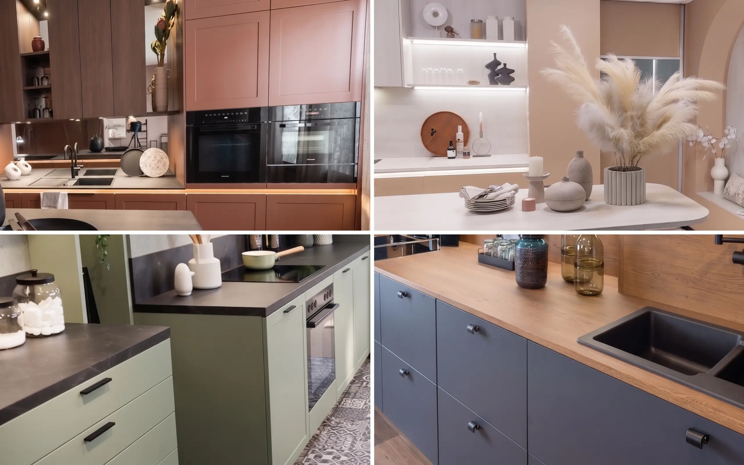 Montage de quatre photos de cuisines montrant différentes associations de couleurs et de matériaux : terracotta, bois, vert sauge et bleu nuit.