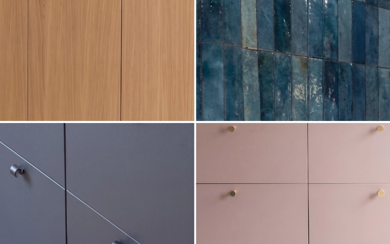 Collage de quatre textures tendances pour la cuisine : bois naturel, crédence en faïence bleue brillante, façades bleu mat et placards rose mat avec poignées dorées.
