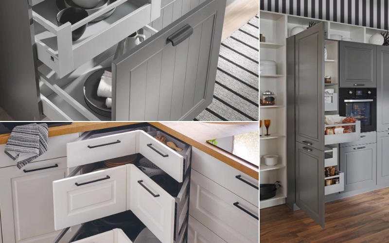 Montage photo de solutions de rangement optimisées pour la cuisine : un meuble d'angle avec tiroirs ingénieux, un grand placard colonne garde-manger coulissant et des tiroirs à l'anglaise intégrés.