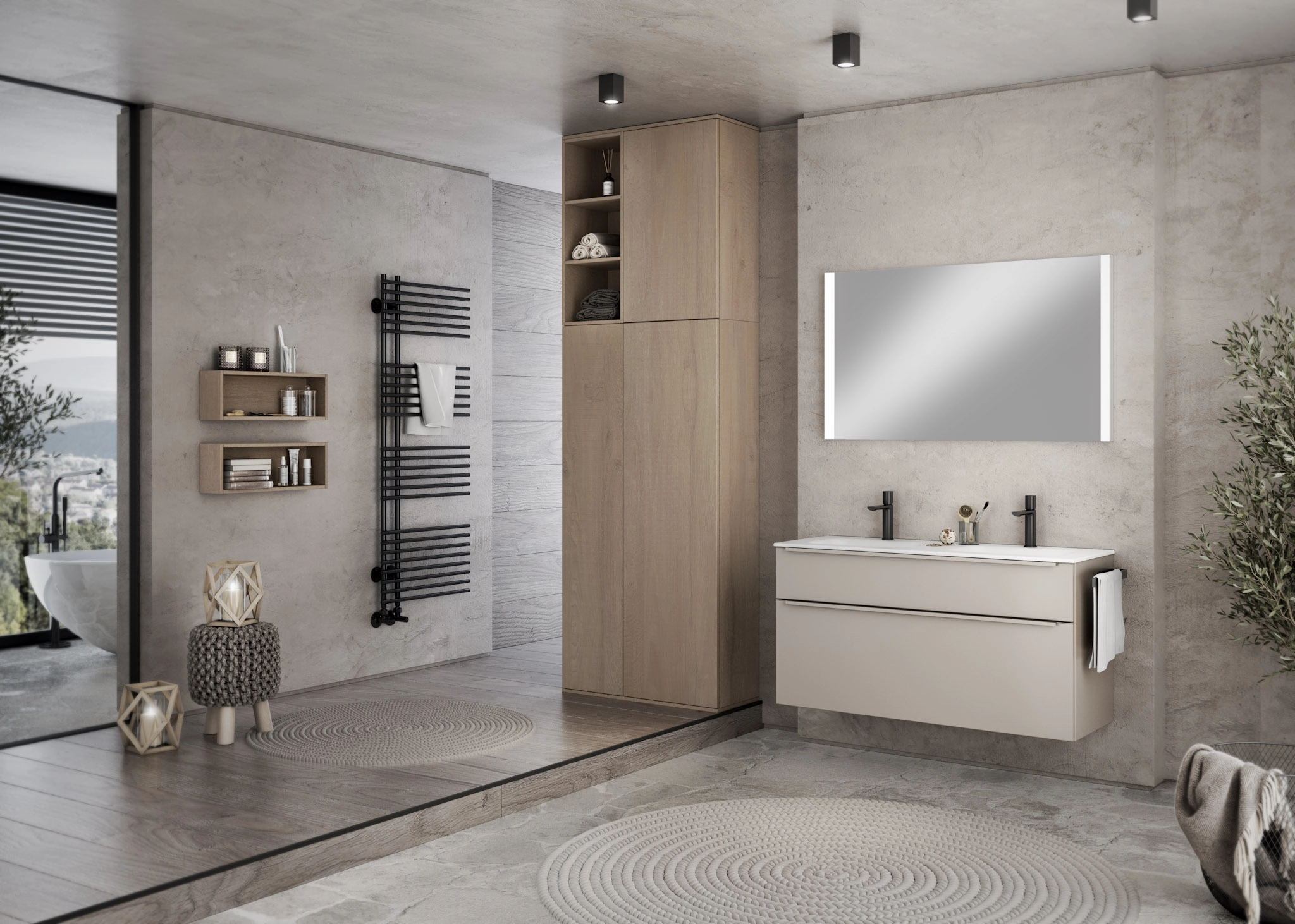 Vue d'une salle de bains contemporaine dotée d'un meuble vasque suspendu beige, de robinetteries noires, d'une grande colonne de rangement en bois clair et d'un sol texturé avec des tapis ronds.