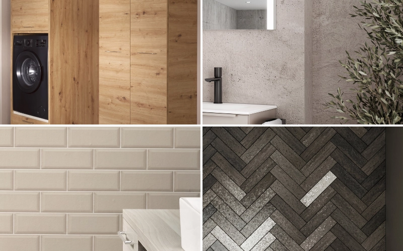Collage de quatre images montrant un meuble colonne intégrant un lave-linge, un pan de mur effet béton avec robinetterie noire, un carrelage mural beige effet brique et un carrelage foncé posé en chevron.