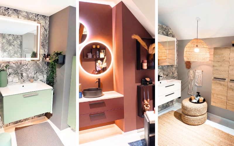Triptyque présentant trois ambiances de salles de bains différentes : un meuble vert menthe sur fond de papier peint tropical, un espace aux tons terracotta profond avec des miroirs ronds lumineux, et une ambiance bohème naturelle avec des suspensions en osier.