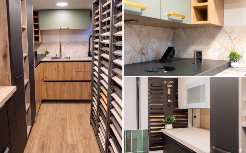 Aménagement intérieur du showroom mobile Venidom avec une cuisine d'exposition en bois et vert sauge.
