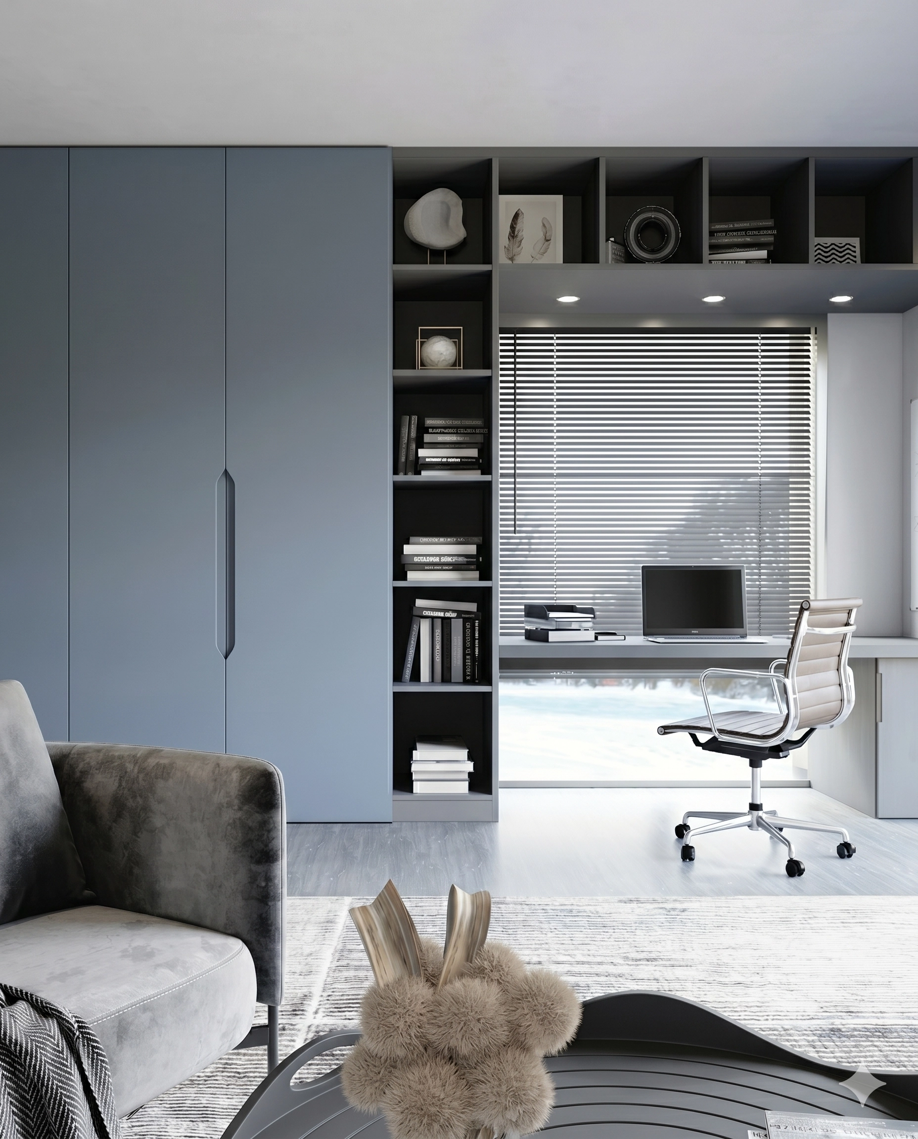 Aménagement d'un coin bureau sur mesure intégré dans un grand meuble de salon moderne bleu et gris face à la fenêtre