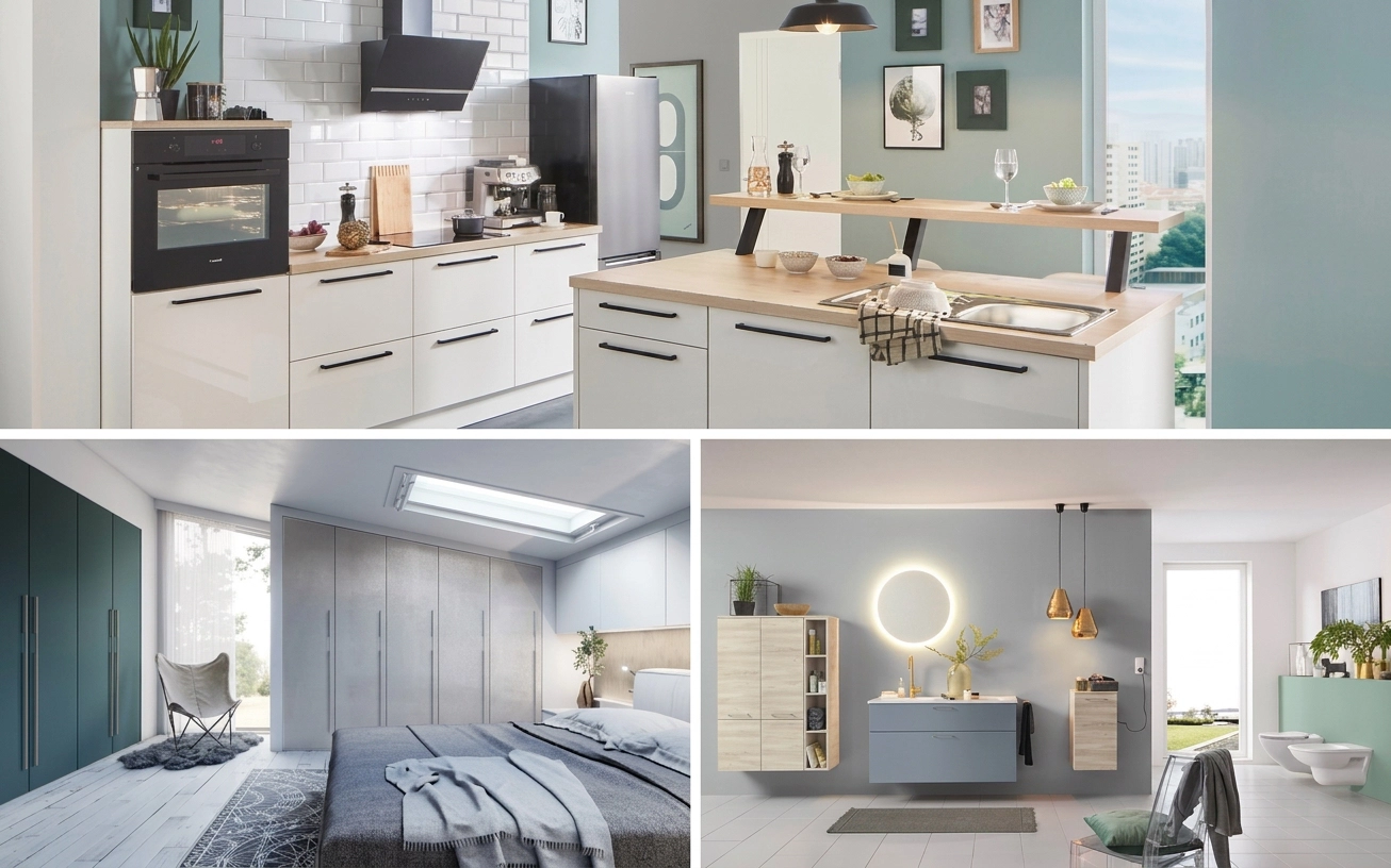 Exemples d'aménagements intérieurs sur mesure : cuisine moderne avec îlot, chambre avec grand dressing intégré et salle de bains design