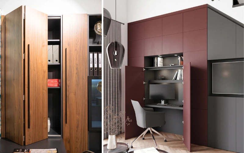 Bureau gain de place dissimulé derrière des portes d'armoire battantes et coulissantes sur mesure