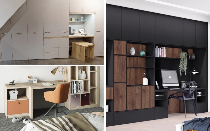 Exemples d'espaces de travail à domicile : bureau optimisé sous un escalier, coin bureau dans une chambre et grand meuble mural noir et bois dans le salon