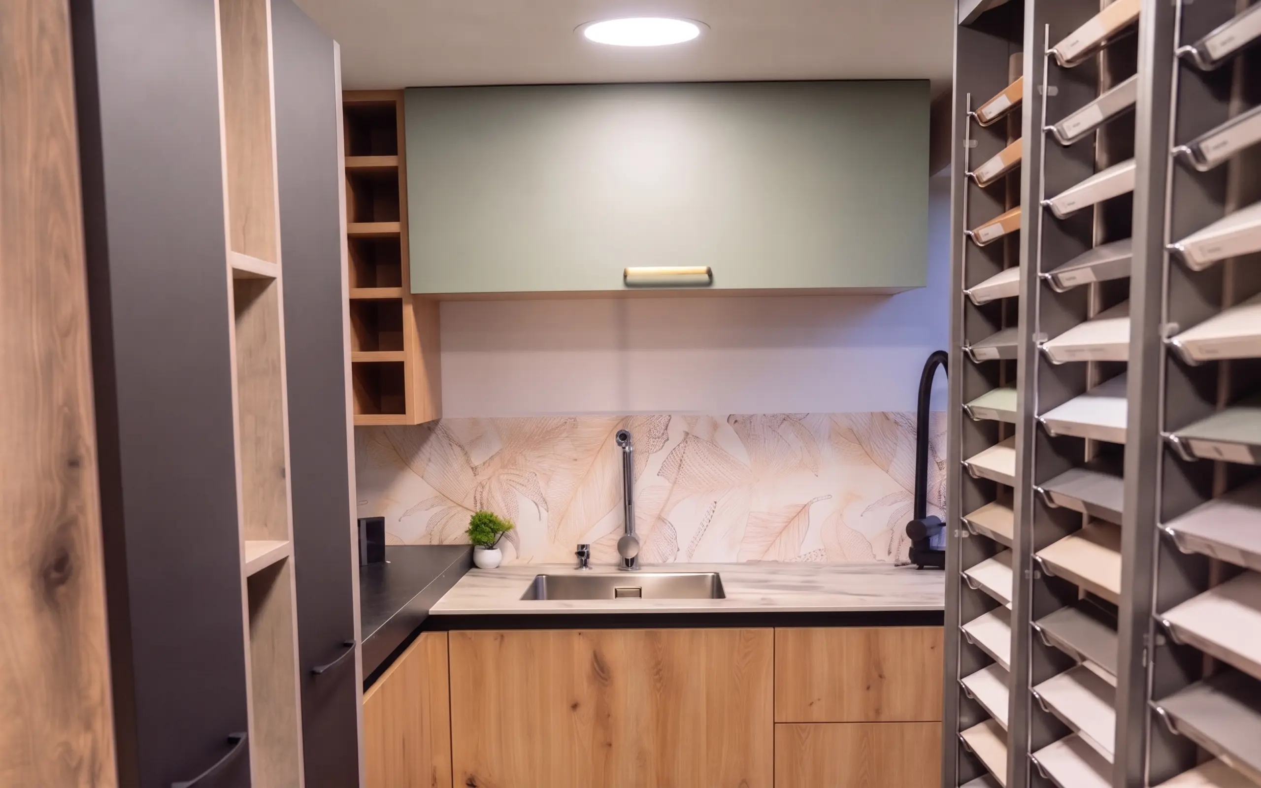 Intérieur du showroom mobile avec cuisine équipée en bois et présentoirs d'échantillons de façades et finitions
