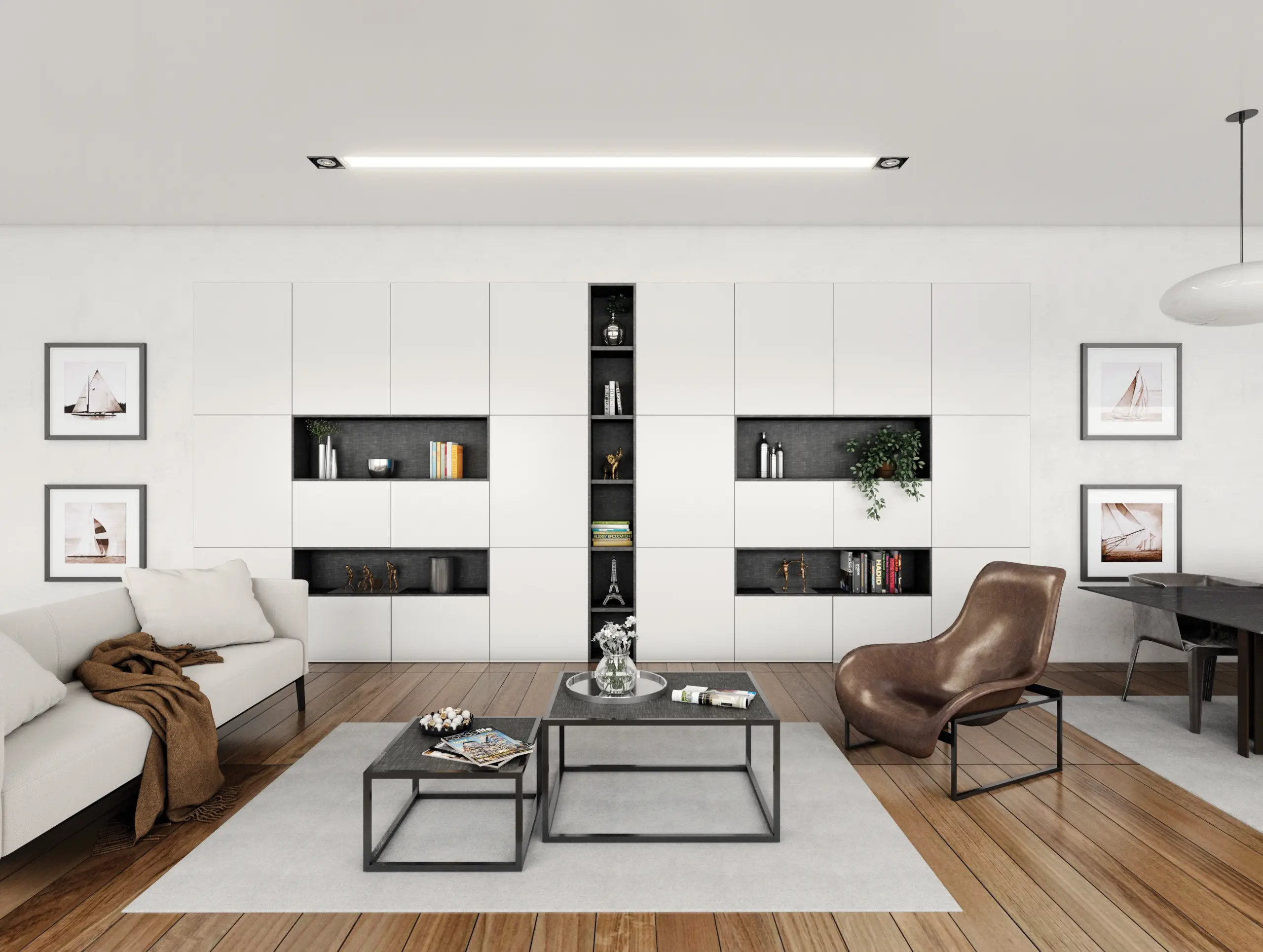 Grand meuble de rangement mural moderne blanc avec niches sombres intégrées, face à un salon composé d'un canapé clair, d'un fauteuil en cuir marron et de tables basses noires.