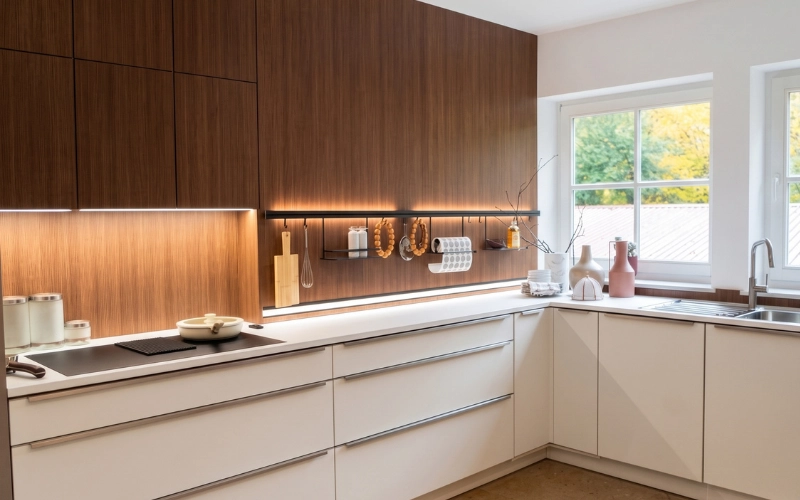 Cuisine d'angle contemporaine avec meubles bas blancs, crédence et rangements hauts en bois sombre réchauffés par un éclairage LED intégré.