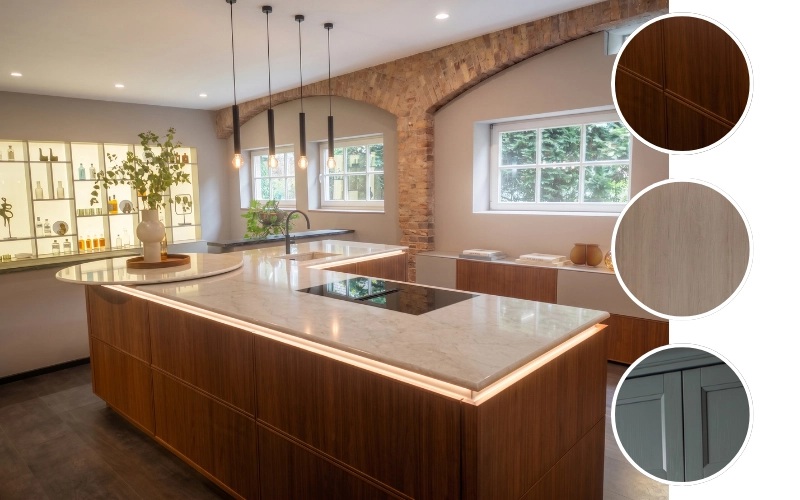 Grande cuisine ouverte chaleureuse avec îlot central en bois rétroéclairé, arche en briques anciennes et échantillons de finitions bois foncé, bois clair et vert sauge.