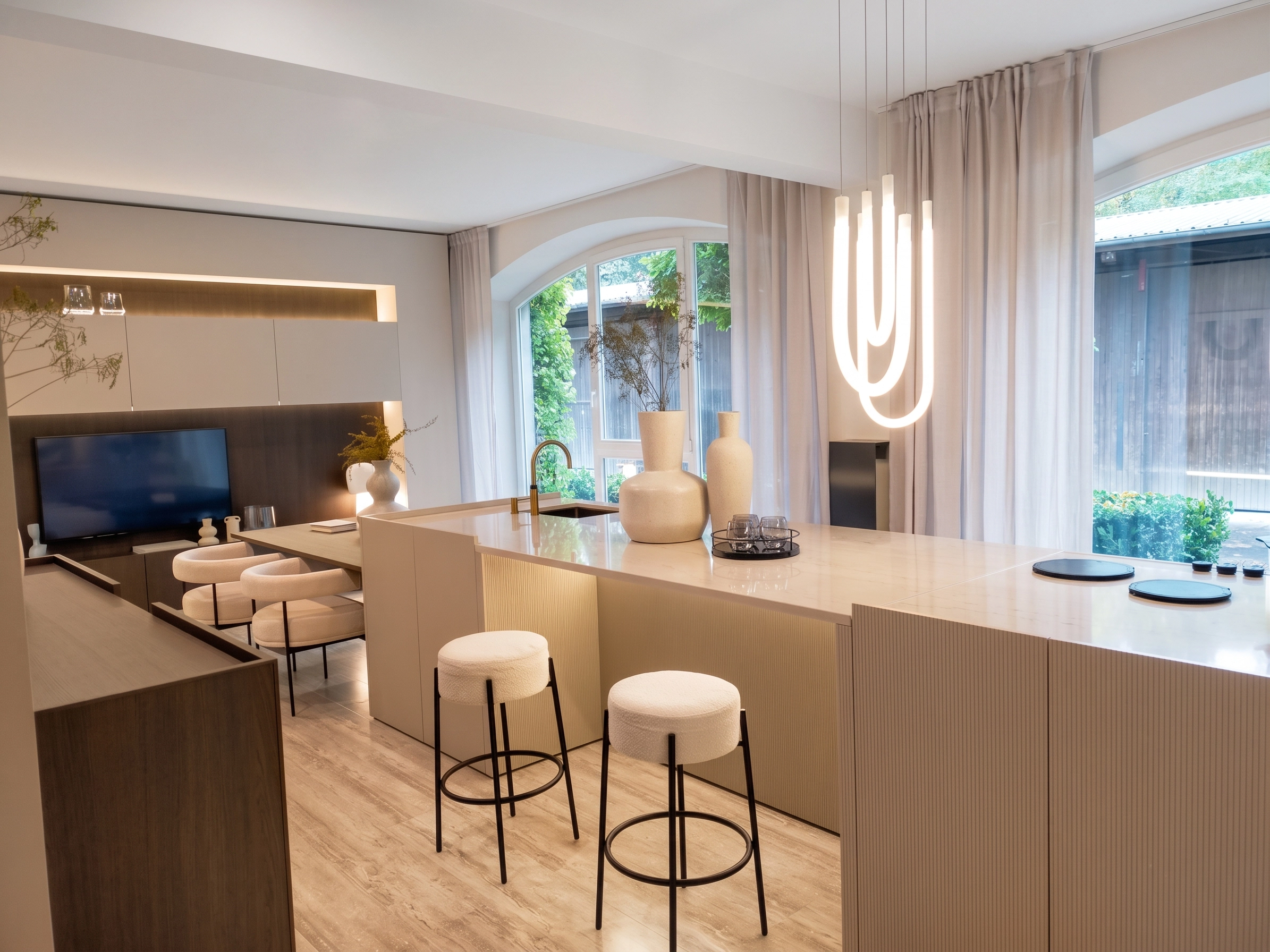 Intérieur moderne et épuré style Japandi avec grand îlot central beige cannelé, tabourets en tissu bouclé, suspensions lumineuses design et coin salon TV en arrière-plan.