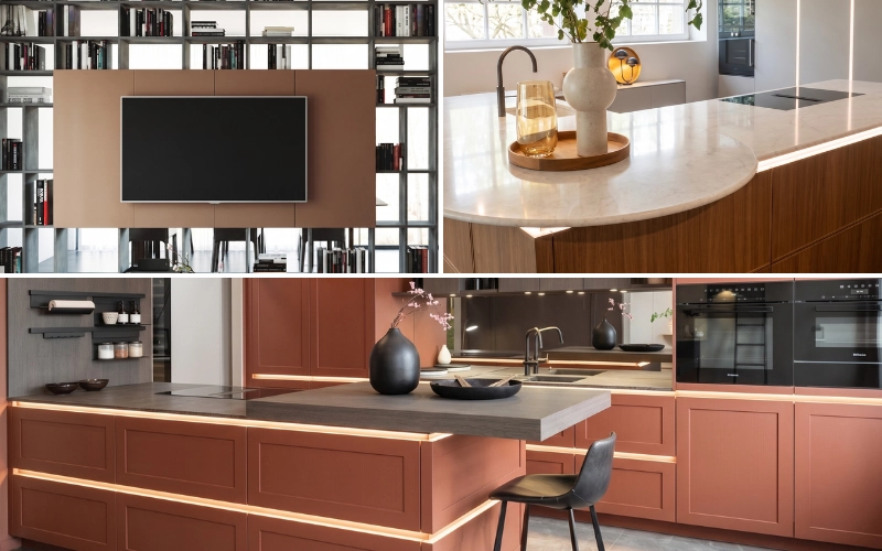 Inspirations aménagement intérieur automne 2026 : meuble TV intégré dans une bibliothèque graphique, îlot central en bois avec plateau arrondi et cuisine moderne couleur terracotta.
