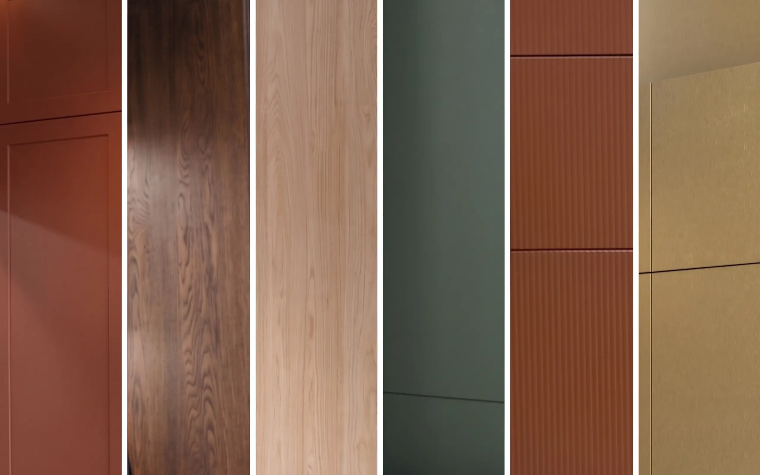 Nuancier de finitions d'aménagement intérieur tendance automne 2026 : terracotta mat, bois veiné foncé, chêne clair naturel, vert forêt, façades cannelées et laiton doré.