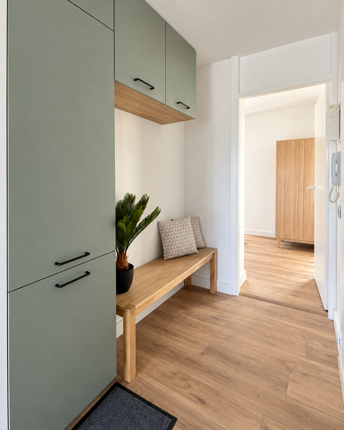Entrée chaleureuse aux tons vert sauge avec banc intégré et rangements optimisés.